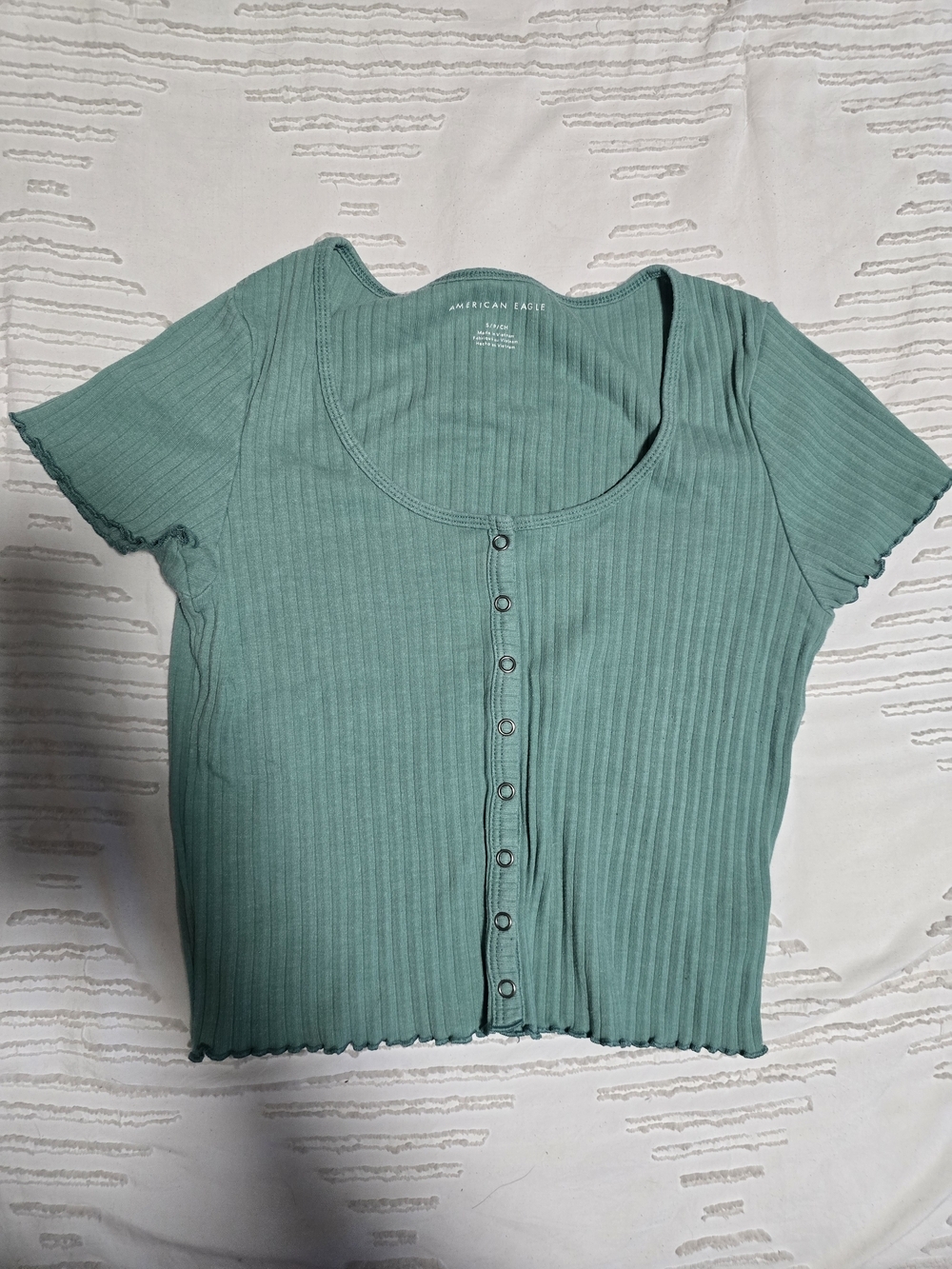 American Eagle Ribbed Snap Front Crop Top Small Seafoam Green Fitted Baby Tee